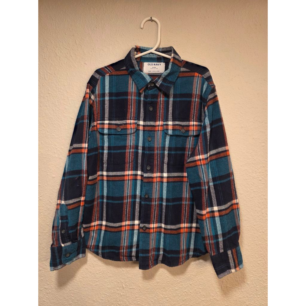 Old Navy Kids Blue, Orange & White Flannel Long Sleeve Shirt Size M (8)